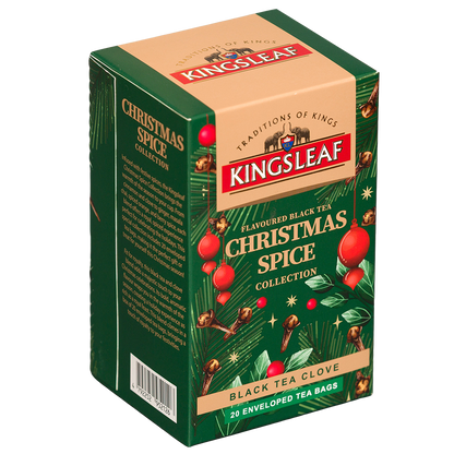 Herbata Kingsleaf Christmas Spice Clove w zielonym opakowaniu, czarna herbata z goździkiem w kopertach.