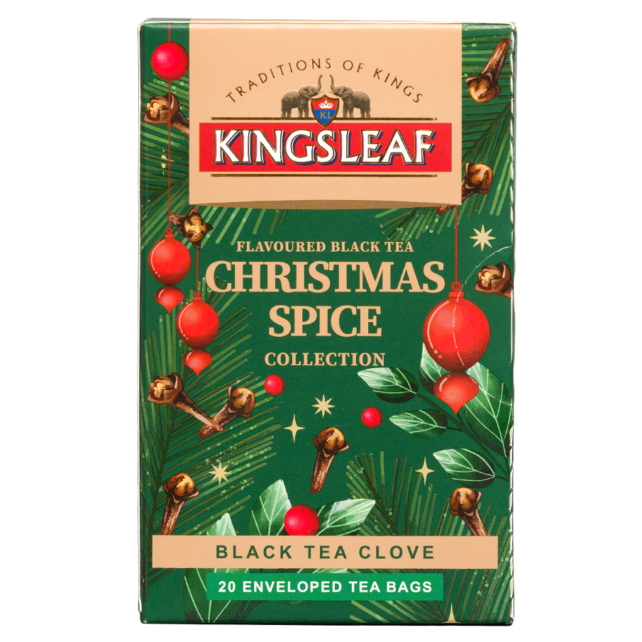 Herbata czarna Kingsleaf Christmas Spice Clove w kopertach, świąteczne opakowanie 20 saszetek.