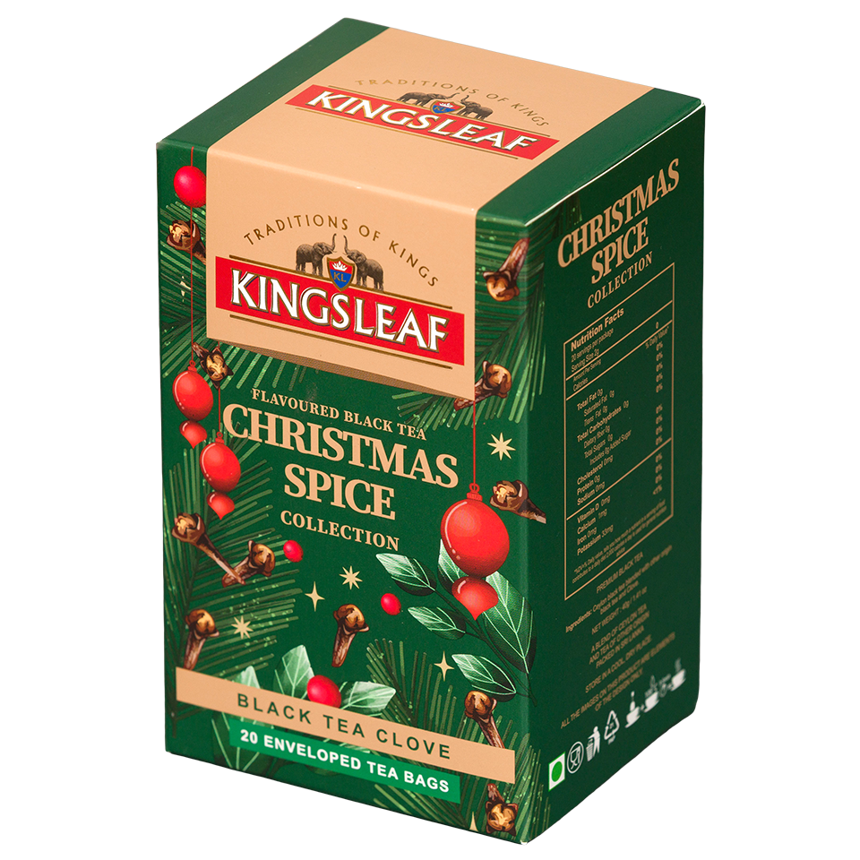 Opakowanie herbaty Kingsleaf Christmas Spice Clove, czarna herbata z goździkiem w 20 kopertach.