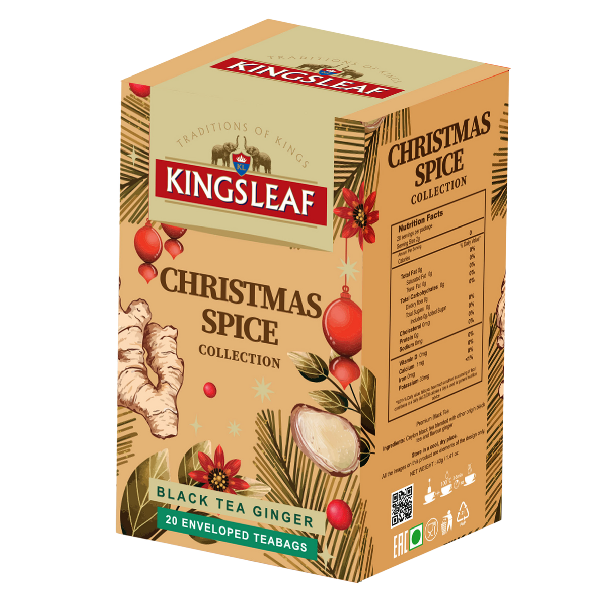 Opakowanie herbaty czarnej Kingsleaf Black Tea Ginger w kopertach, 20 torebek z aromatem imbirowym, świąteczna kolekcja Christmas Spice.
