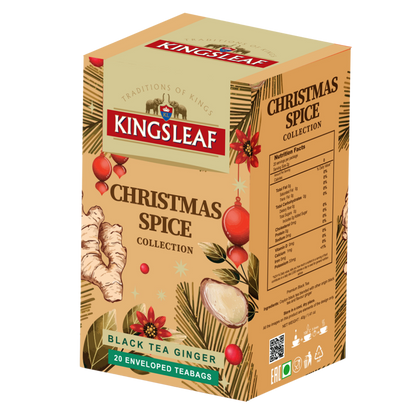 Opakowanie herbaty czarnej Kingsleaf Black Tea Ginger w kopertach, 20 torebek z aromatem imbirowym, świąteczna kolekcja Christmas Spice.