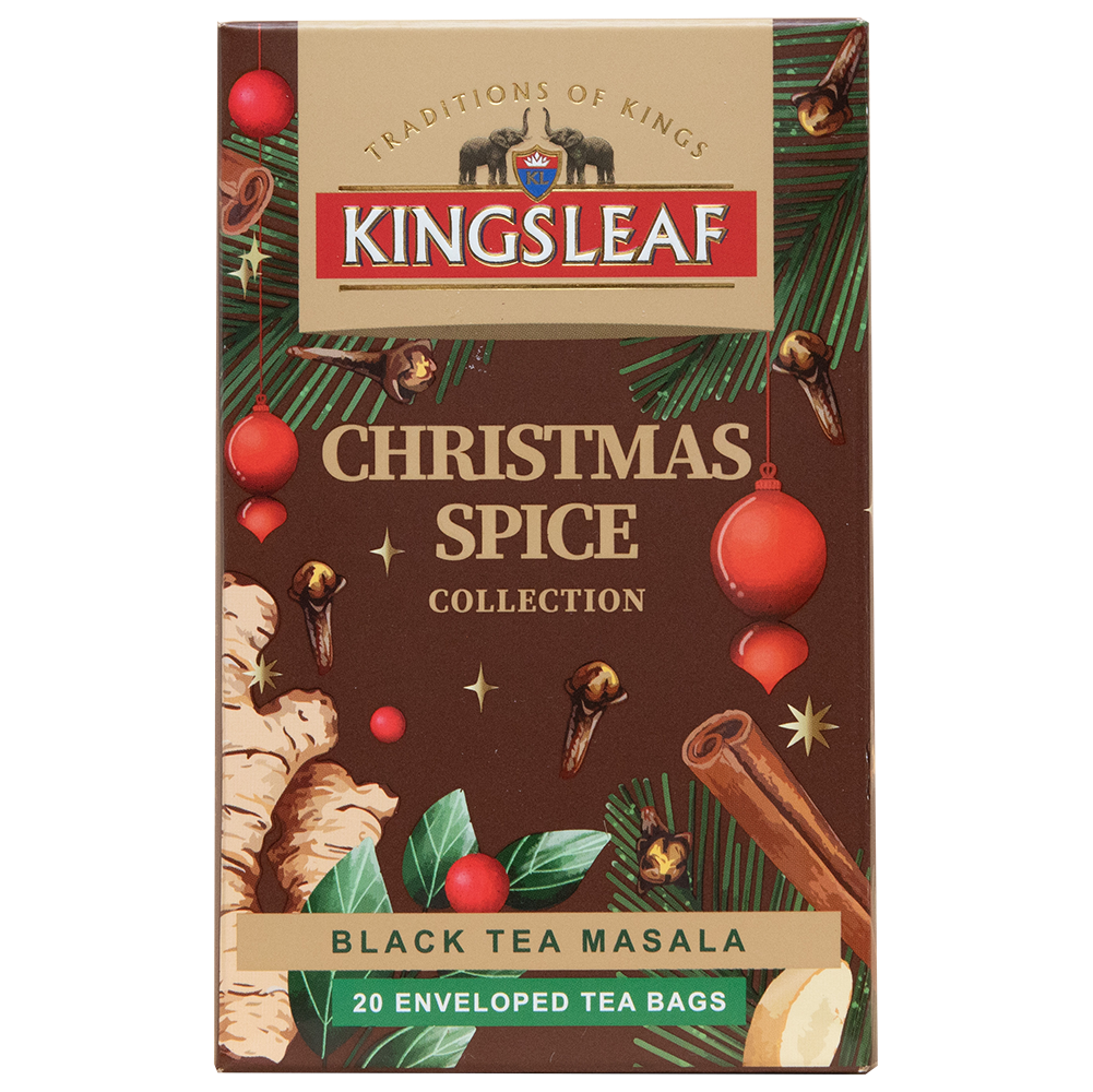 Opakowanie Kingsleaf Black Tea Masala zaprezentowane pod kątem, z grafiką imbiru, goździków i cynamonu.