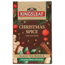Opakowanie Kingsleaf Black Tea Masala zaprezentowane pod kątem, z grafiką imbiru, goździków i cynamonu.