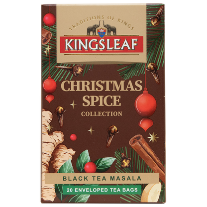 Opakowanie Kingsleaf Black Tea Masala zaprezentowane pod kątem, z grafiką imbiru, goździków i cynamonu.