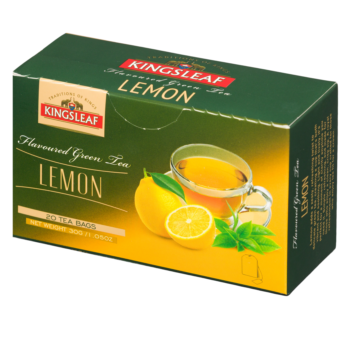 Kingsleaf Lemon herbata zielona aromatyzowana cytryna, kartonik z widocznym logo Kingsleaf i grafika cytryn.