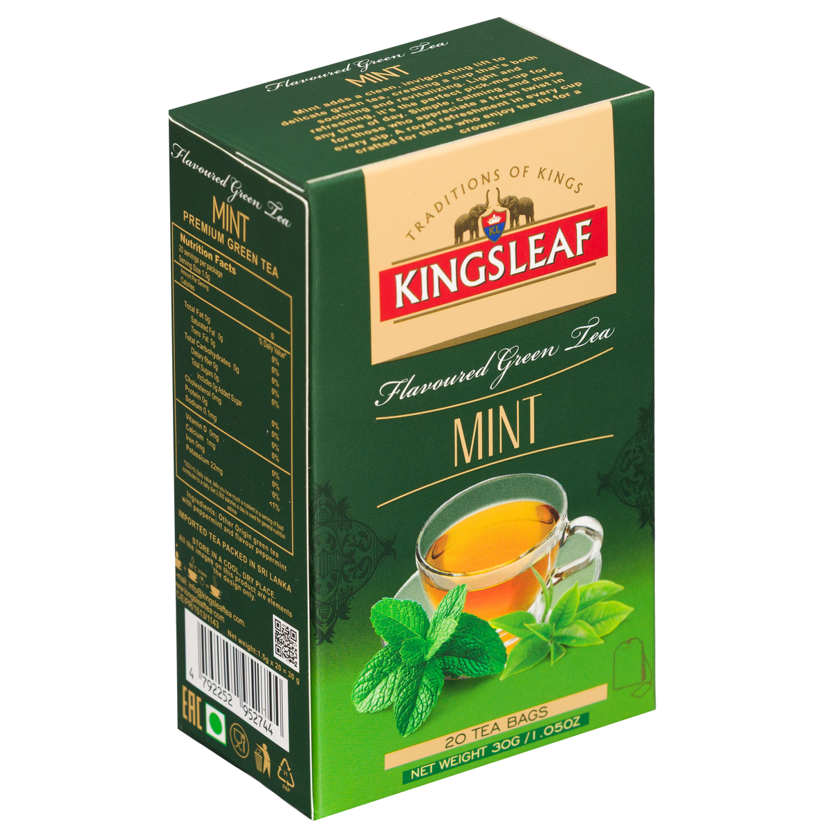 Herbata Kingsleaf Mint w kartoniku, widok na przód i tył opakowania z informacjami o produkcie.