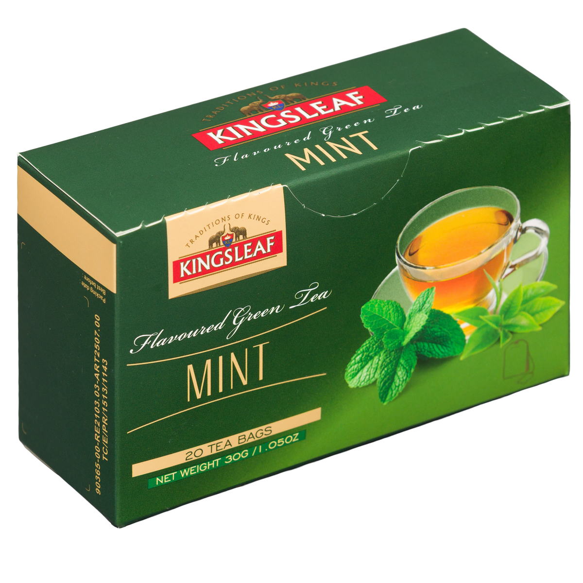 Kingsleaf Mint zielona herbata z miętą pieprzową w torebkach, opakowanie widoczne pod kątem.