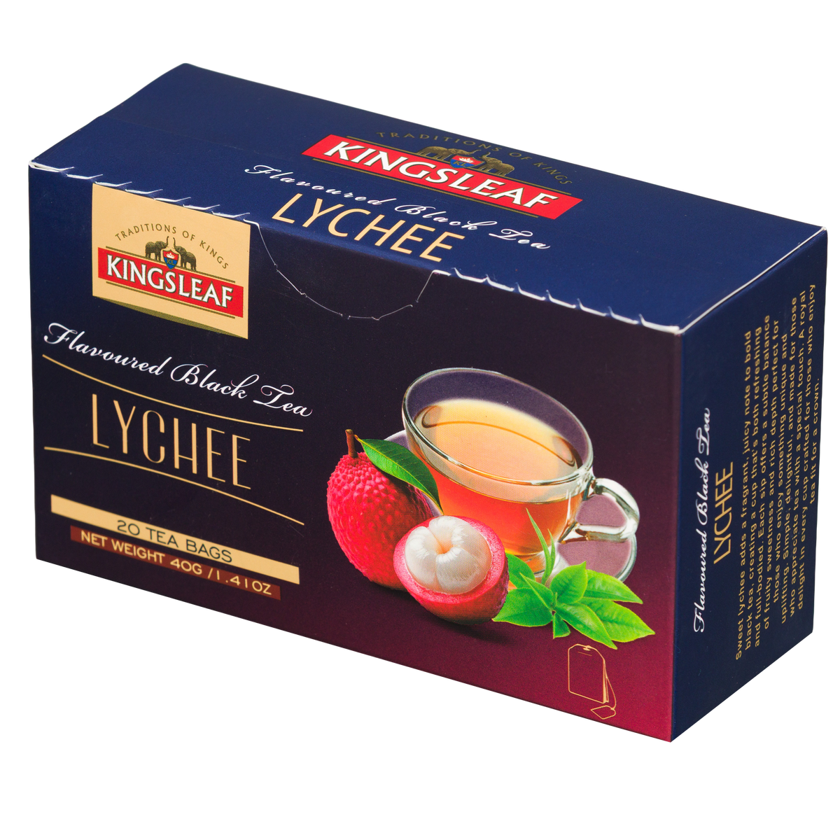 Herbata czarna Kingsleaf Lychee 20 x 2 g w granatowo bordowym opakowaniu z grafiką liczi i filiżanki herbaty.