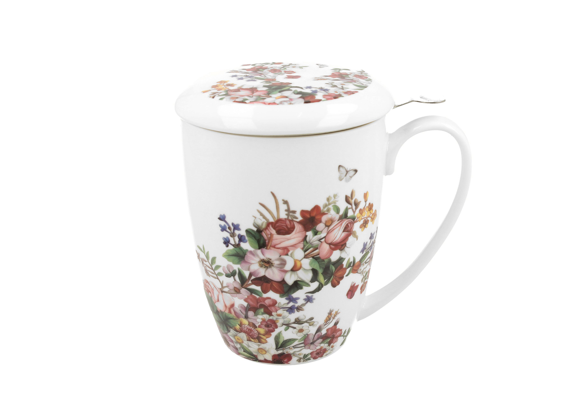 Smukły biały kubek porcelanowy ozdobiony wzorem pastelowych kwiatów, z porcelanową pokrywką.