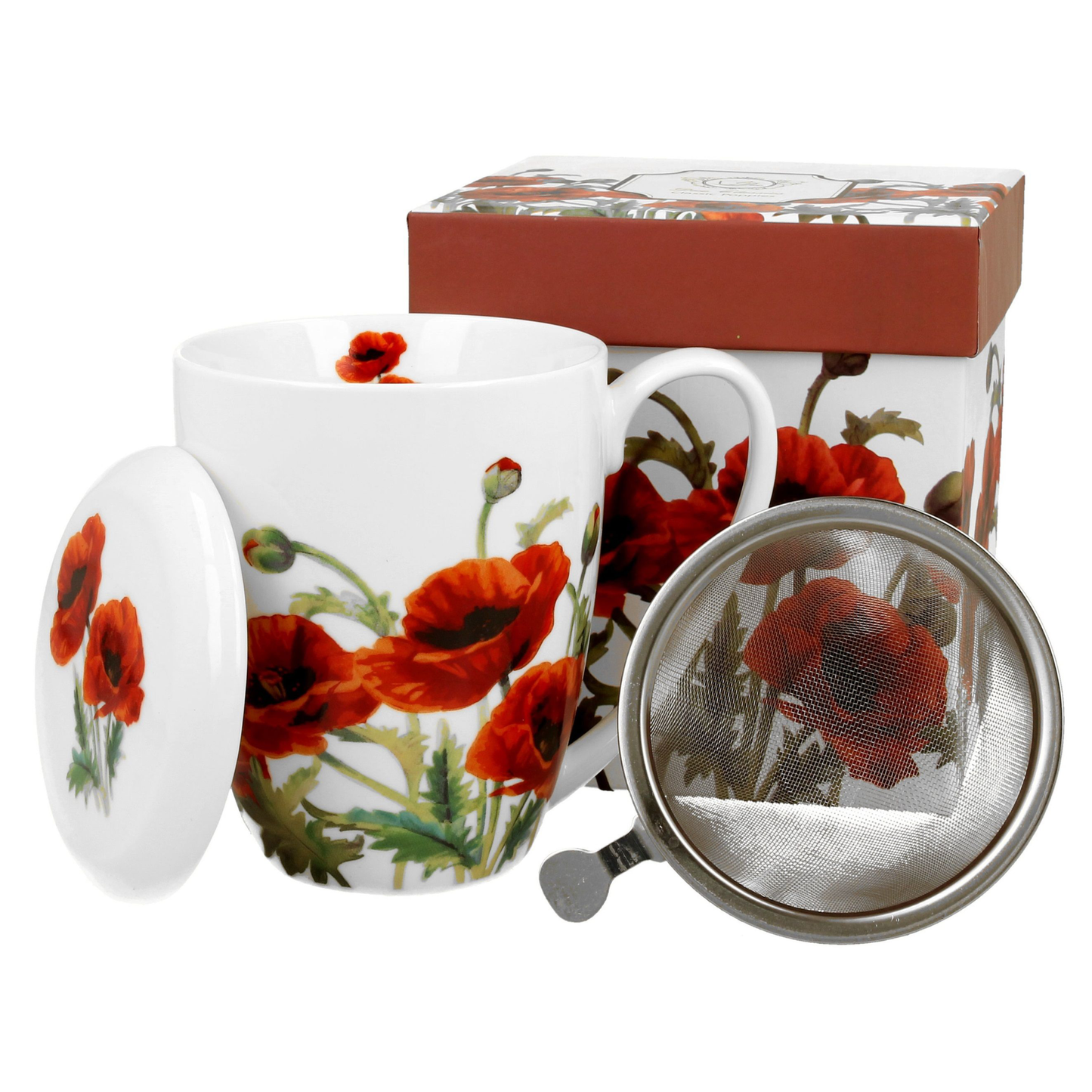Porcelanowy kubek Classic Poppies z czerwonymi makami i metalowym zaparzaczem do herbaty