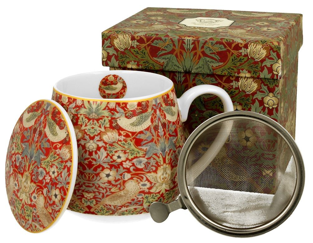 Zestaw prezentowy Strawberry Thief Red – kubek baryłka, porcelanowa pokrywka i metalowy zaparzacz, w ozdobnym pudełku.