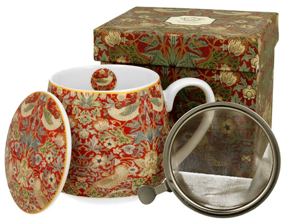 Zestaw prezentowy Strawberry Thief Red – kubek baryłka, porcelanowa pokrywka i metalowy zaparzacz, w ozdobnym pudełku.