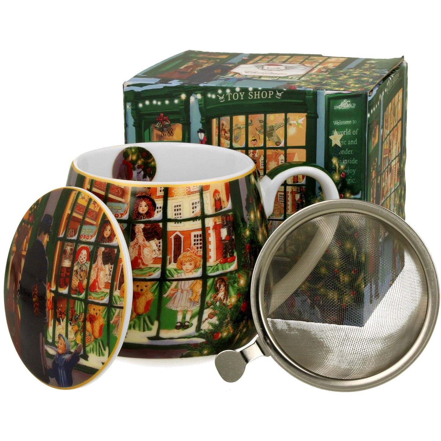 Kubek barylka z zaparzaczem Christmas Window Shop z porcelany w ozdobnym opakowaniu prezentowym
