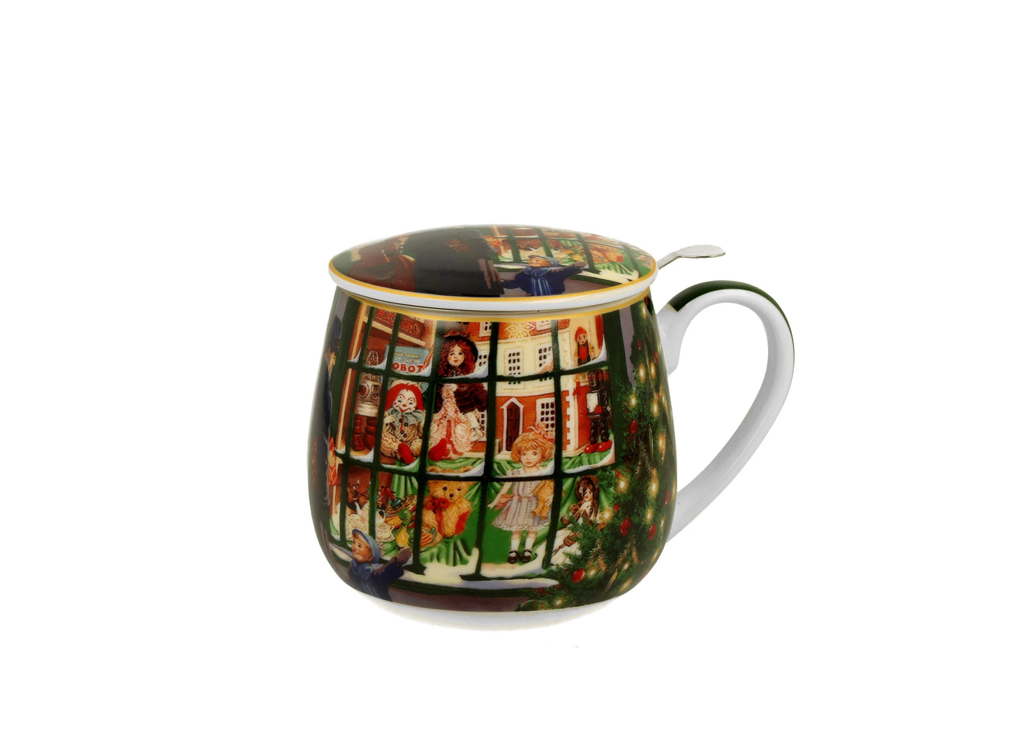 Porcelanowy kubek barylka Christmas Window Shop z pokrywka i zaparzaczem do herbaty

