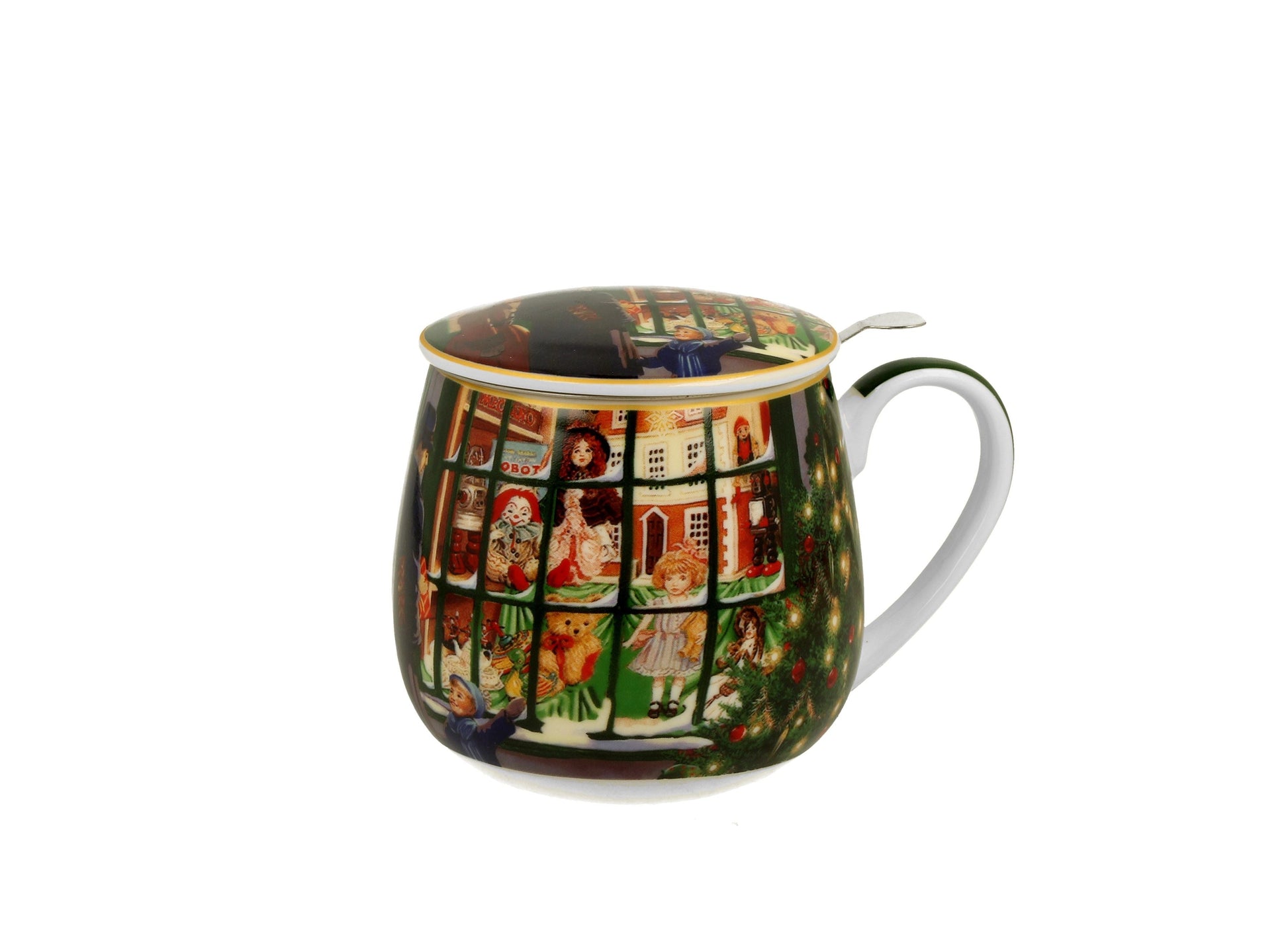 Porcelanowy kubek barylka Christmas Window Shop z pokrywka i zaparzaczem do herbaty

