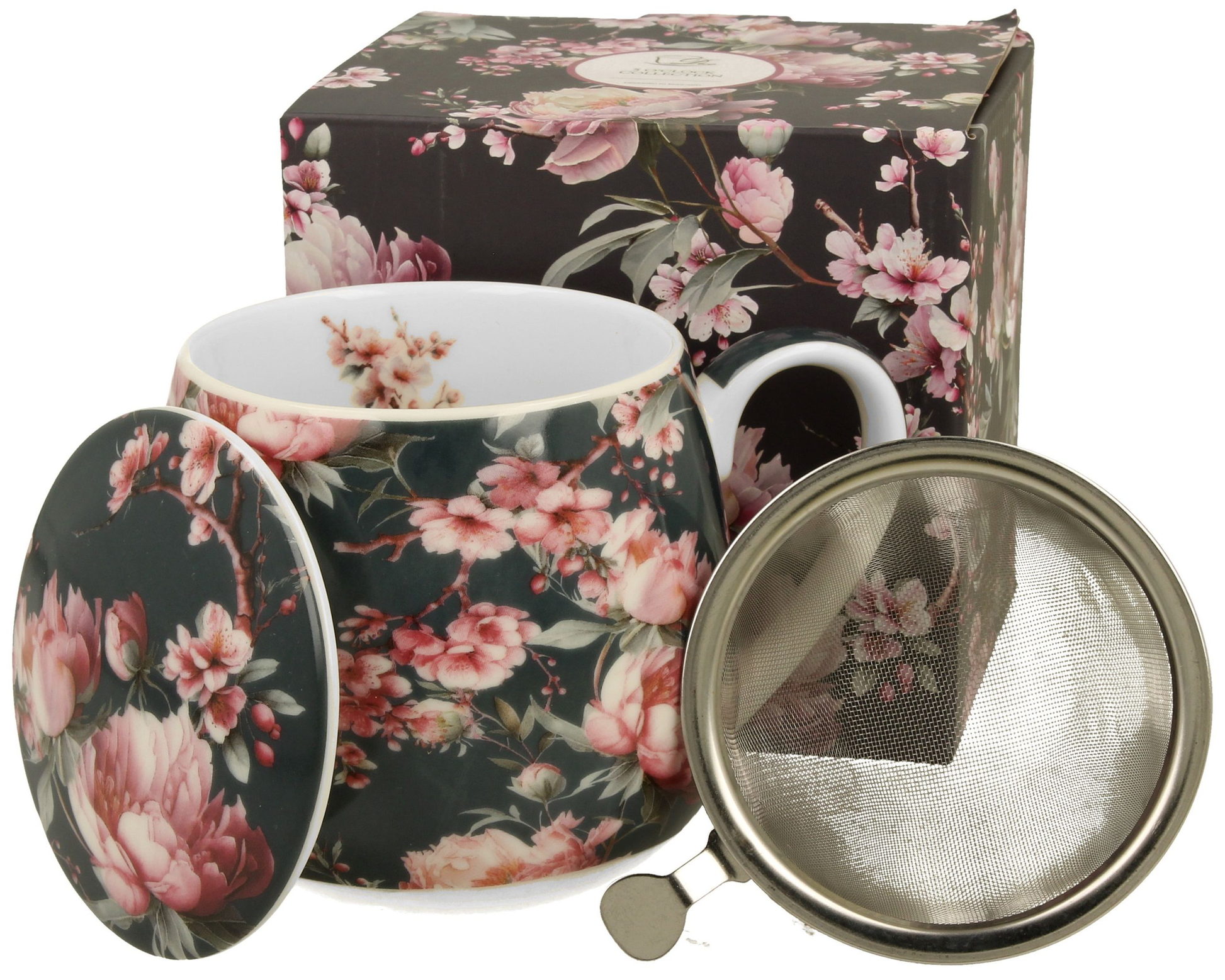 Zestaw porcelanowy Noemi Black 430 ml: kubek, pokrywka i zaparzacz w dekoracyjnym pudełku.