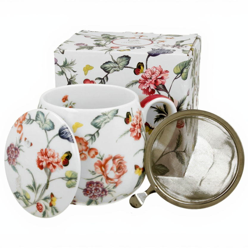 Kubek porcelanowy baryłka Milagros z zaparzaczem, pokrywką i ozdobnym pudełkiem w kwiaty.