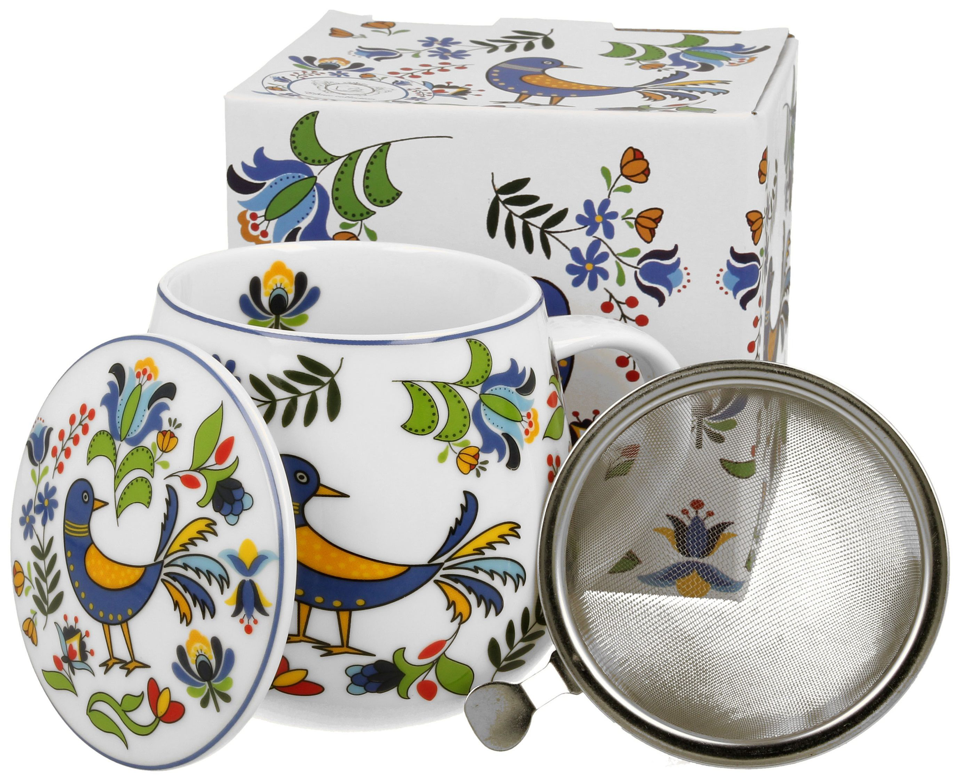 Zestaw prezentowy – kubek porcelanowy Ptaszek Kaszubski z zaparzaczem, pokrywką i ozdobnym pudełkiem z motywem folkowym.