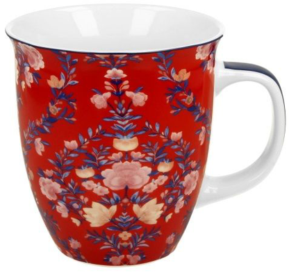 Kubek porcelanowy Manu Red 650 ml w czerwonym kolorze z kwiatami na białym tle wewnątrz.