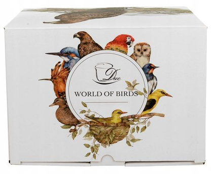 Front pudełka z kolekcji World of Birds z ilustracjami ptaków, m.in. papugi ara i sowy.