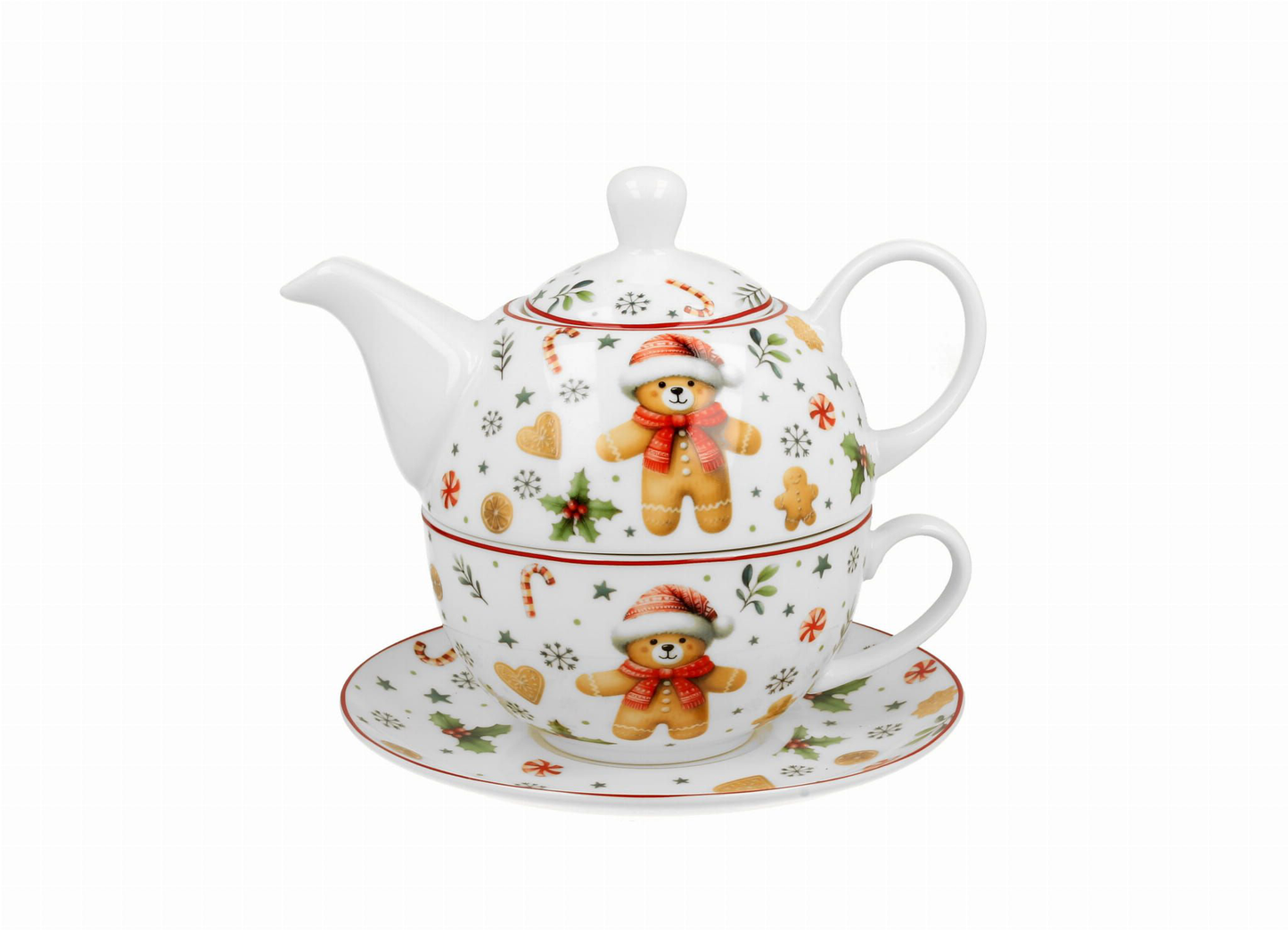 Zestaw porcelanowy Christmas Cuties – dzbanek, filiżanka i spodek z motywem misiów i świątecznych dekoracji.