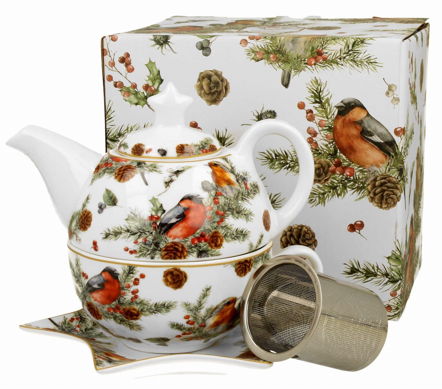 Komplet Christmas Birds – dzbanek, filiżanka, spodek i zaparzacz w świątecznym opakowaniu.