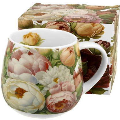 Porcelanowy kubek baryłka Piwonie z kolorowym wzorem kwiatów w pastelowych odcieniach
