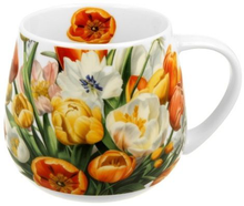 Porcelanowy kubek baryłka o pojemności 430 ml z motywem tulipanów w żywych kolorach.