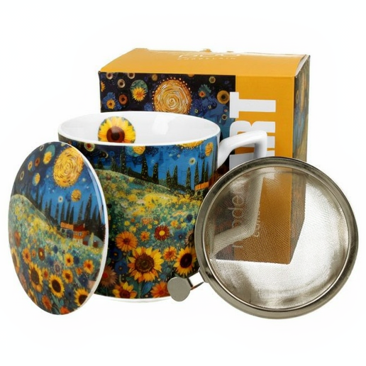 Porcelanowy kubek Modern Sunflower Field z zaparzaczem i artystycznym motywem słoneczników