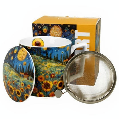 Porcelanowy kubek Modern Sunflower Field z zaparzaczem i artystycznym motywem słoneczników