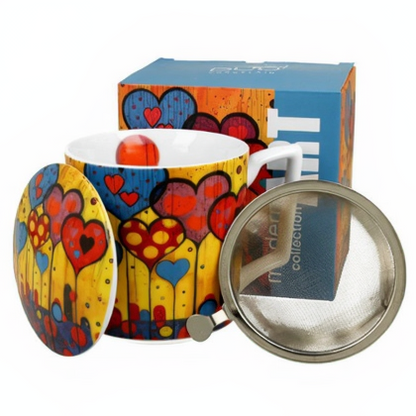 Kubek porcelanowy Modern Hearts z zaparzaczem i kolorowym motywem serc