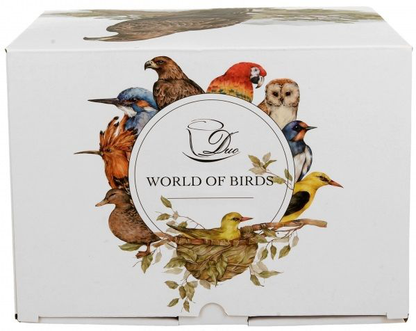 Front pudełka kolekcji „World of Birds” zdobiony ilustracjami ptaków, m.in. zimorodka, sowy i makaka, z centralnym napisem.