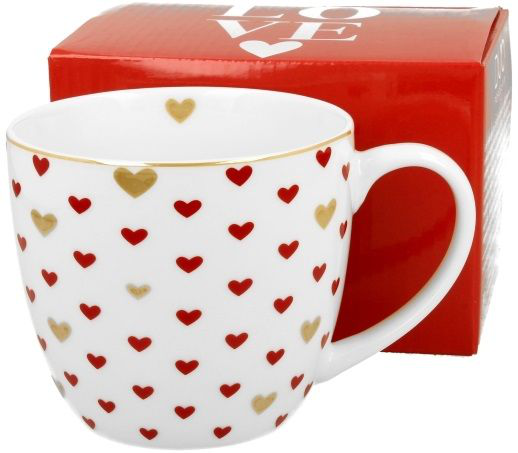 Kubek porcelanowy Serca 3 – 460 ml z dekoracją czerwonych i złotych serc, widok od przodu.