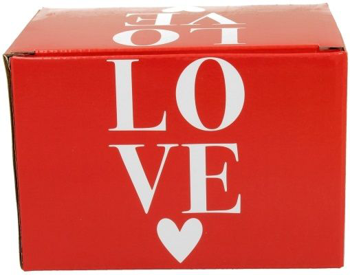 Czerwone pudełko prezentowe z napisem LOVE do kubka porcelanowego Walentynka – 460 ml.