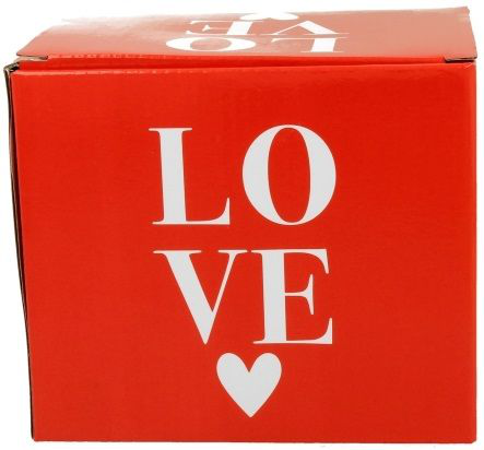 Czerwone pudełko prezentowe z napisem LOVE do kubka porcelanowego Miś na rowerze – 650 ml.