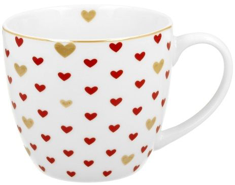 Kubek porcelanowy Kolorowe Serca 3 – 460 ml z czerwonymi i złotymi serduszkami, widok od przodu.