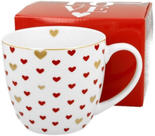 Kubek porcelanowy Kolorowe Serca 3 – 460 ml z motywem czerwonych i złotych serc, widok z boku.