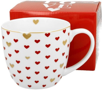 Kubek porcelanowy Kolorowe Serca 3 – 460 ml z motywem czerwonych i złotych serc, widok z boku.