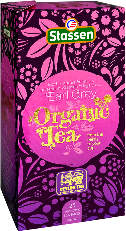 Pudełko herbaty Stassen Organic Earl Grey widok boczny z kwiatowym wzorem
