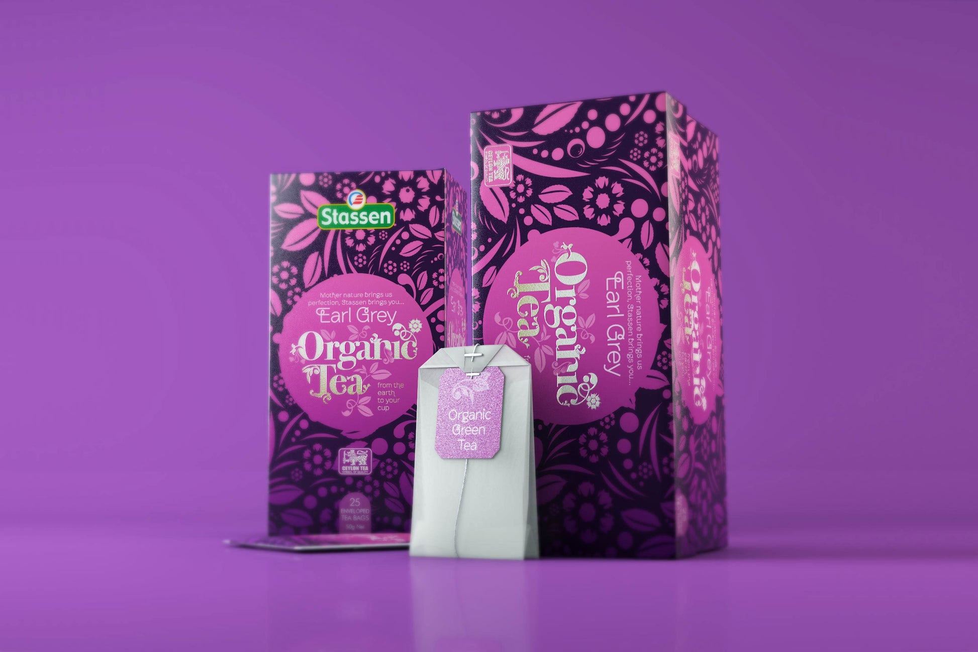 Zestaw Stassen Organic Earl Grey – pudełko i torebka na tle fioletowym