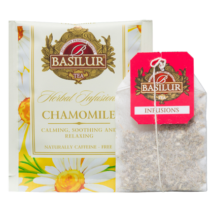 Saszetka Basilur Chamomile w indywidualnej kopercie z torebką herbaty ziołowej z rumianku 100%.