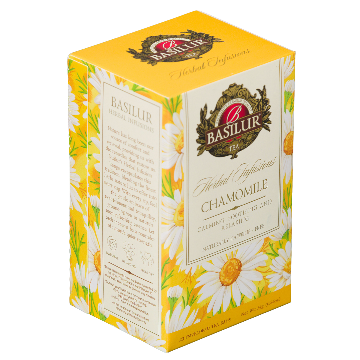 Opakowanie Basilur Chamomile 20 kopert pokazane z boku, herbata ziołowa z rumianku w dekoracyjnym pudełku.
