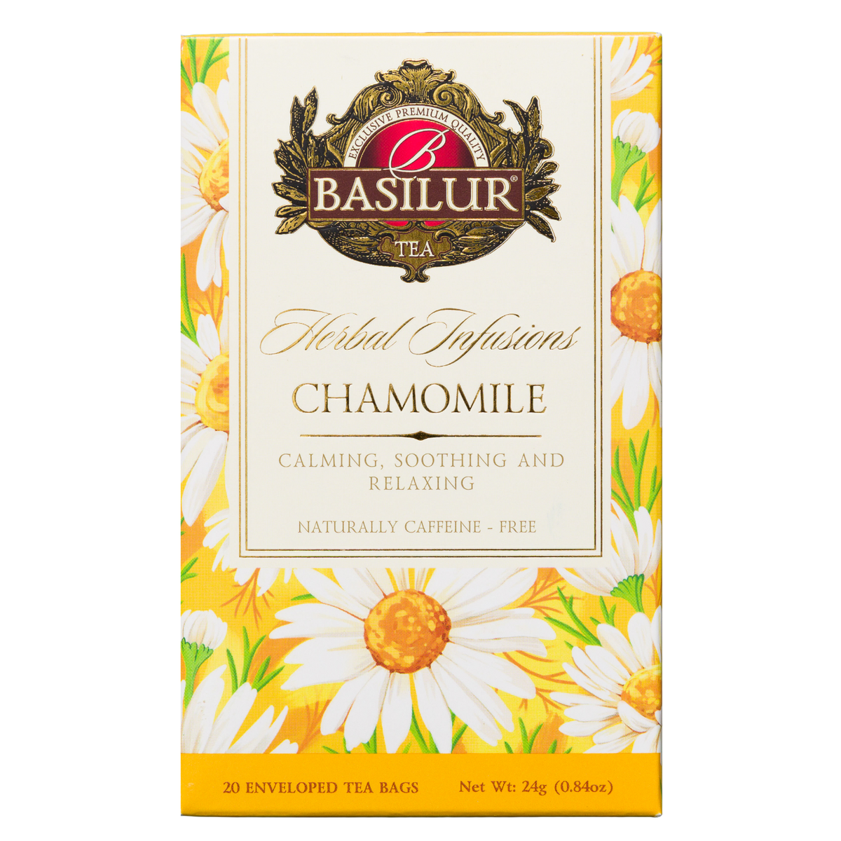 Front opakowania Basilur Chamomile 20 kopert z motywem kwiatów rumianku, herbata ziołowa 100% rumianek.