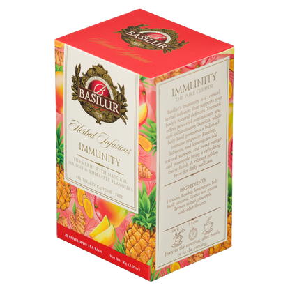 Herbata ziołowa Basilur Immunity w kolorowym opakowaniu z motywem mango, ananasa i kurkumy, widok z boku i przodu.