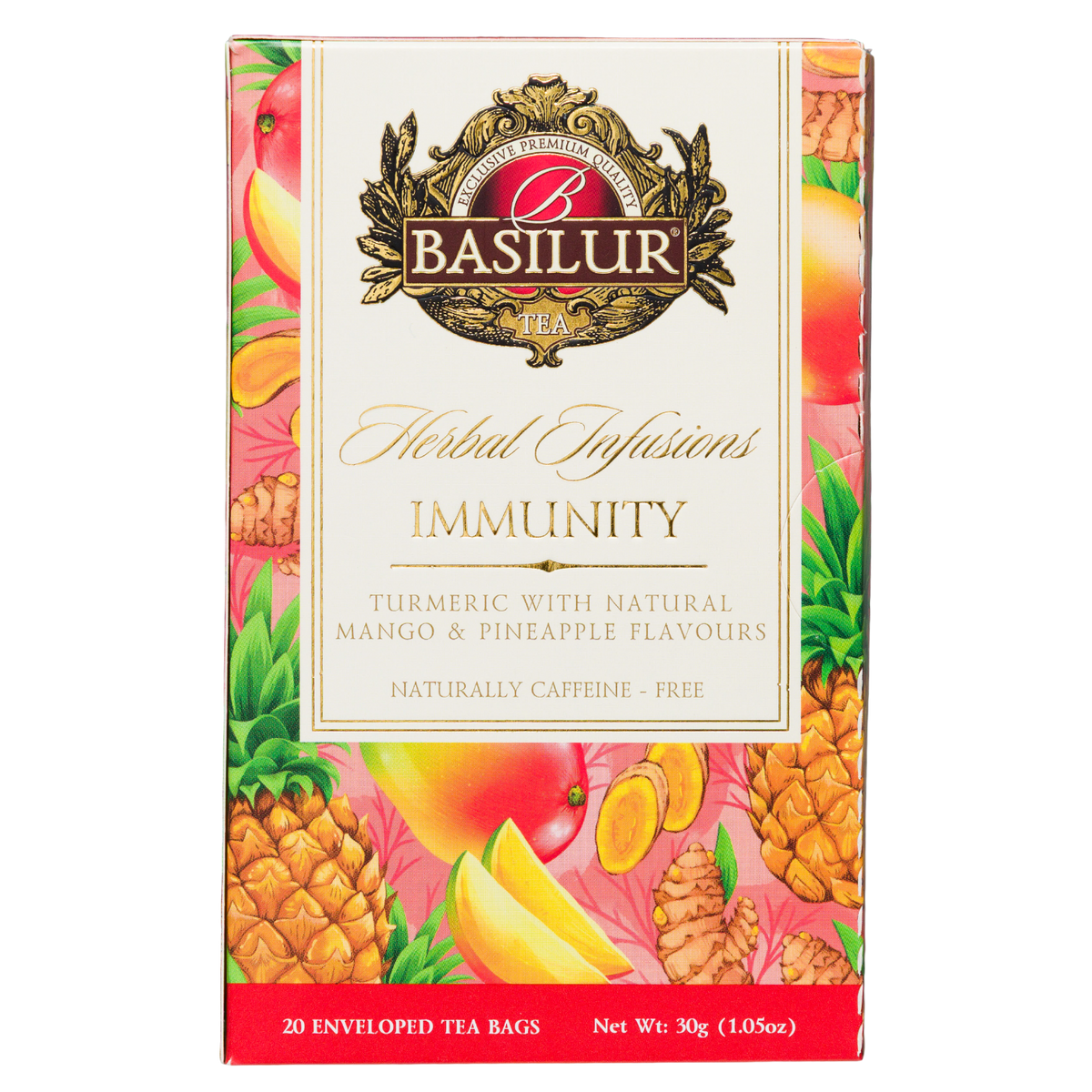 Herbata ziołowa Basilur Immunity z kurkumą, mango i ananasem, opakowanie 20 saszetek widoczne z przodu.