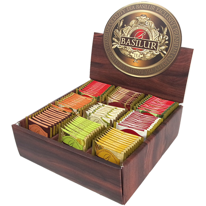 Ekspozytor Basilur Magiczne Owoce z otwartym wiekiem i 90 saszetkami herbat cejlonskich o roznych smakach owocowych