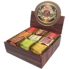 Ekspozytor Basilur Magiczne Owoce z otwartym wiekiem i 90 saszetkami herbat cejlonskich o roznych smakach owocowych