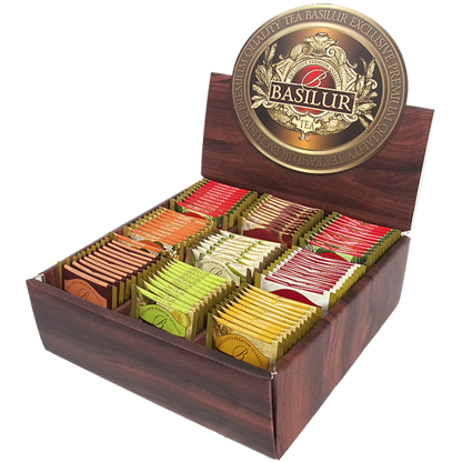 Ekspozytor Basilur Magiczne Owoce z otwartym wiekiem i 90 saszetkami herbat cejlonskich o roznych smakach owocowych