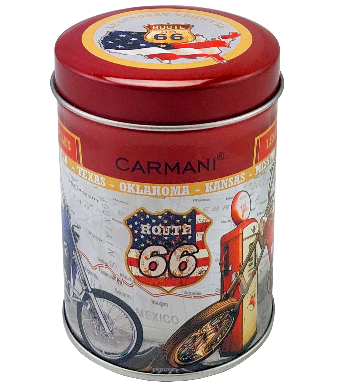 Pokrywka puszki herbaty Route 66 z motywem amerykańskiej flagi i znakiem drogi US 66.