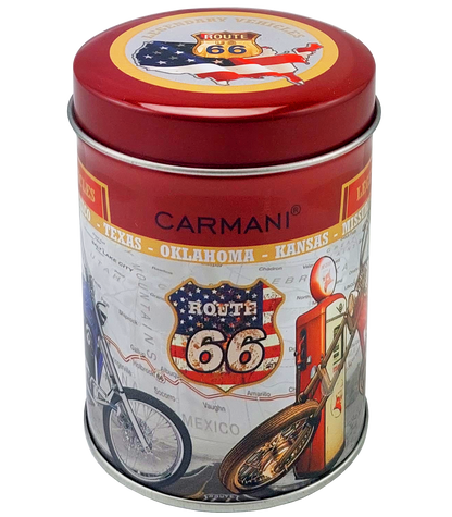 Pokrywka puszki herbaty Route 66 z motywem amerykańskiej flagi i znakiem drogi US 66.